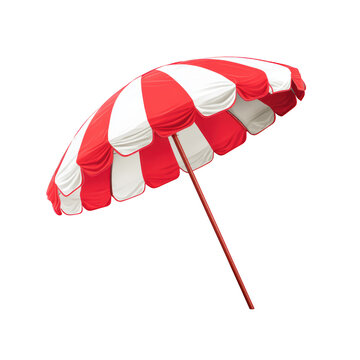 Red and white striped beach umbrella isolated on a white background for summer fun