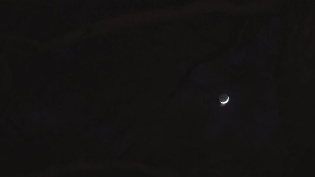 The illuminated part of the moon through the trees in the dark, pano