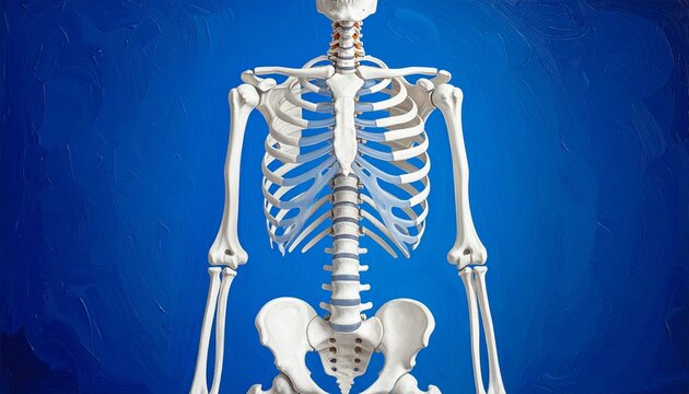 Upper human skeleton against blue background, showing skull, clavicles, scapulae, sternum, ribs, vertebrae, humeri, radii, and ulnae, symbolizing anatomical study and education.