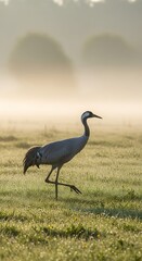 Obraz premium Graceful Common Crane Walking Through Misty Morning Field at Sunrise.