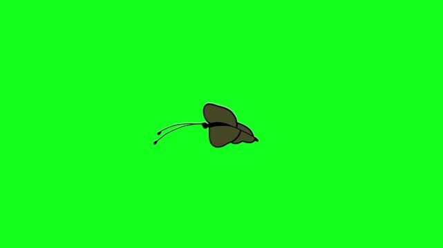 A stylized brown butterfly with dark wings gracefully flies across a vibrant green screen background, its delicate antennae trailing behind