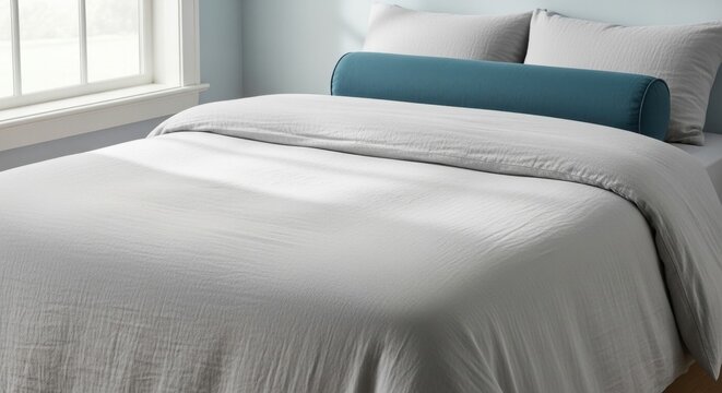 Queen Size Bed with a Subtly Textured Slub Linen Duvet and Blue Bolster Pillow