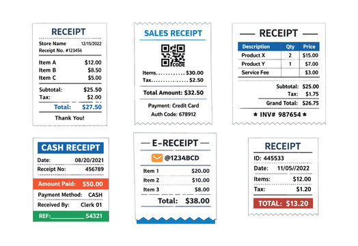 Set of different paper and e-receipts tracking sales, purchases, taxes, and payment methods for financial management