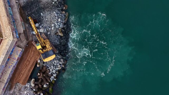 Heavy machinery rests on a rocky shoreline where water meets land. The waves hit the rocks while construction activities take place in this coastal setting during daylight.