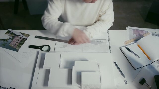 male architect with ruler measuring blueprint of Architectural building design and construction plans. A man was designing a building with a ruler, pen, pencil, tape measure and other equipment.