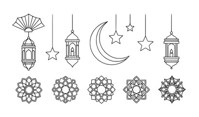 Fototapeta premium Ramadan Line Art Decoration Lantern Crescent Star Vector