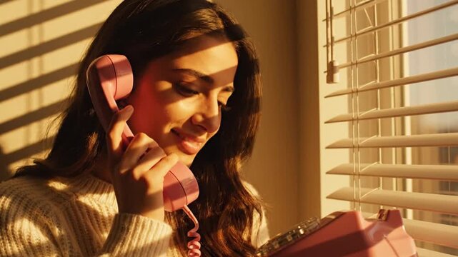 Woman on vintage phone looking outside.