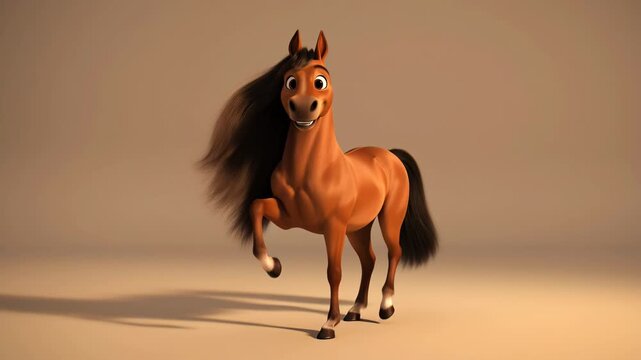 Animated chestnut horse trotting proudly on tan background with flowing mane for childrens storytelling or educational videos