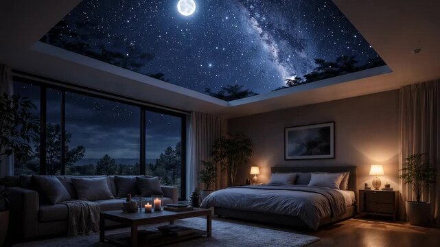 Modern bedroom with glass ceiling view of starry sky creating cozy night interior with cosmic atmosphere