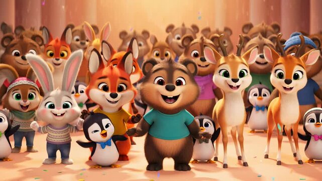 Cheerful crowd of animated animals celebrate together joyful bear fox bunny deer and penguins festive cartoon characters group together