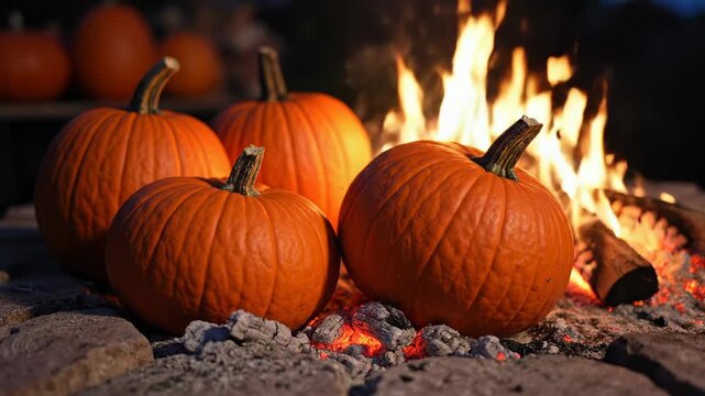 Four vibrant orange pumpkins arranged around a glowing fire pit, showcasing their textured surfaces and warm colors against a dark evening backdrop