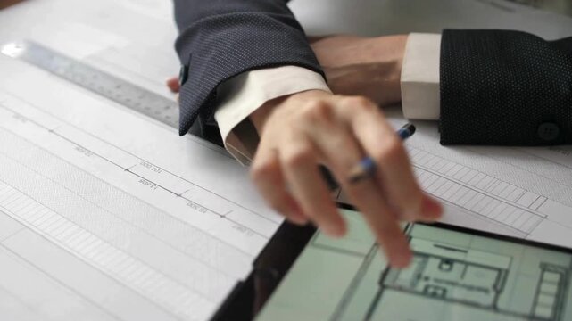 Architect designer working in office on tablet while holding stylus. Close up shot of architecture designer drawing sketch, blueprint or prototype on drawing pad.