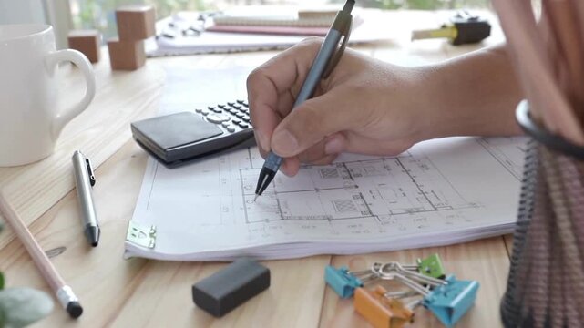 View of hands working and calculations estimate for cost and materials. blueprint drawings of design architectural and engineering for buildings. architect drawing and measuring construction plan.