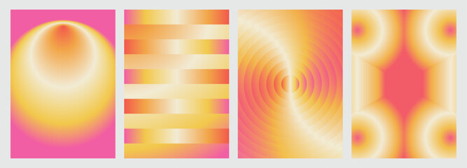 Abstract gradient background set with geometric shapes, circles, stripes and radial waves. Chromatic minimalist posters and social media templates collection