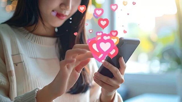 Smiling young woman interacts with social media hearts on her smartphone