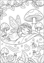 Fototapeta premium Coloring page of a cute fairy sleeping on a leaf in a magic forest with mushrooms
