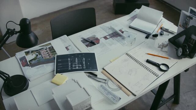Tools of an architect. Architect's desk: drawings, tape measure, ruler and other drawing tools. Architect works with drawings in a bright office. Instruments and office for designer.