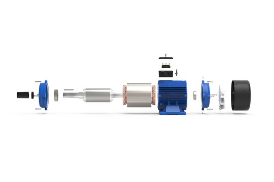 A detailed 3D rendering of an exploded electric motor assembly, showing all internal components aligned along the central axis. The illustration includes the rotor, stator, shaft, bearings, end covers