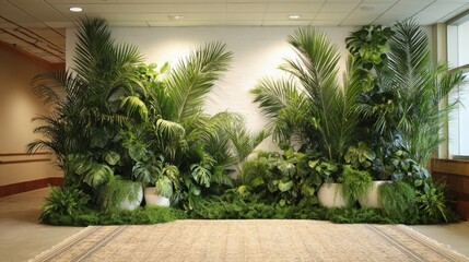Fototapeta premium Potted palm and tropical foliage arranged along corridor wall