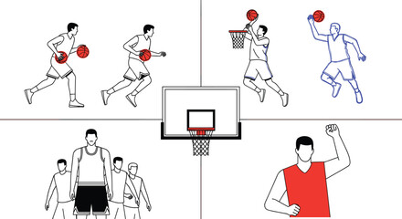 Basketball player action poses line icon set with dribbling running dunking celebrating athletes and hoop court sports training vector illustration collection © Babu