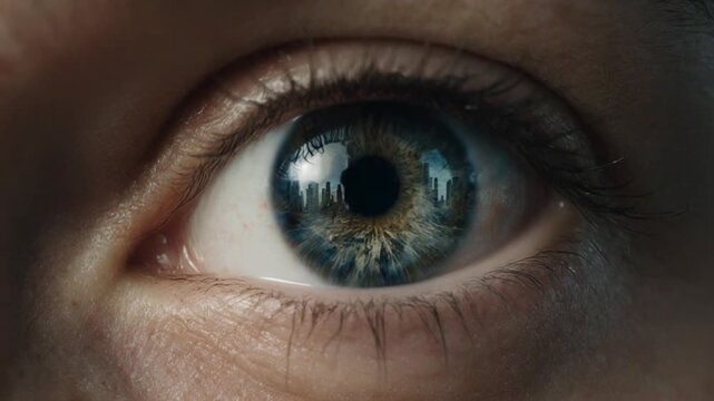 ultra-realistic human eye as the starting point, focusing tightly on the iris and cornea with detailed reflections of the city explosions.