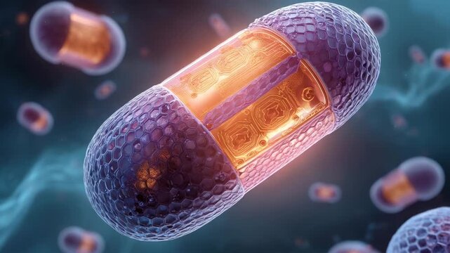 細胞内でミトコンドリアのクリステが輝き、電子輸送の光が奥で脈動する様子