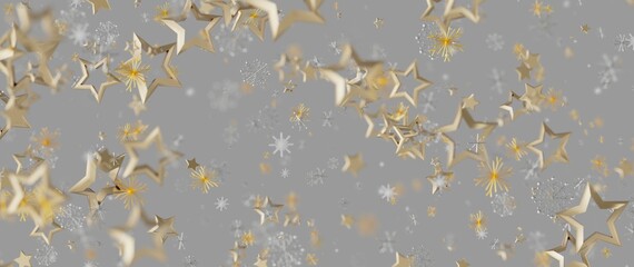 Festive gold stars and snowflakes floating on a gray background, perfect for holiday greetings and © vegefox.com