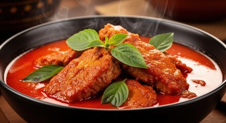 Fototapeta premium Steaming hot Chicken Adobo with a rich reddish-orange sauce, garnished with fresh basil in a black bowl