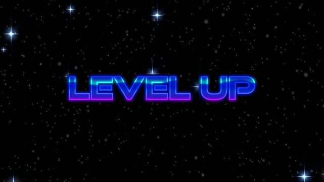 Animation of level up text in blue metallic letters over spots of light