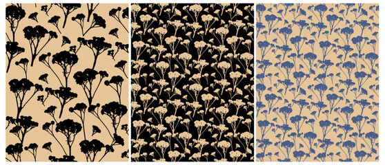 Hand‑Drawn Botanical Seamless Vector Patterns - Modern Floral Design With Black, Blue And Gold Dry Twigs. Modern Floral Irregular Repeatable Print With Silhouette Of Tansy Flowers On Black And Gold.