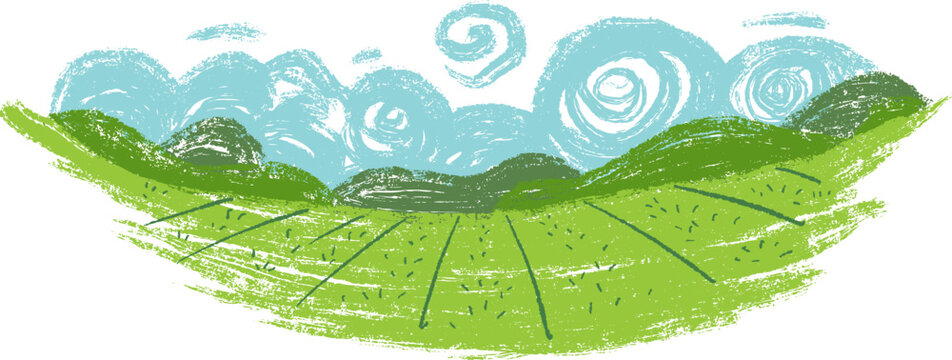 Panoramic illustration of green agricultural field with rows leading to the horizon under dramatic spiral blue clouds. Scribble vector background for children book or game in cartoon doodle style 