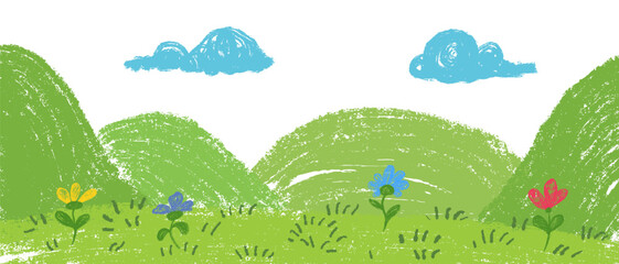 Naklejka premium Beautiful panoramic scene of green meadow dotted with simple yellow blue and red flowers with hills in distance. Scribble vector background for children book or game in cartoon doodle style