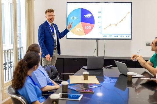 Business professional presenting financial data during meeting