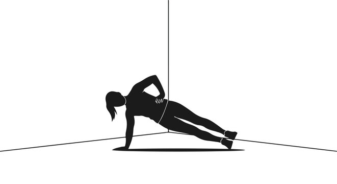 Woman in silhouette performs side plank exercise in a corner