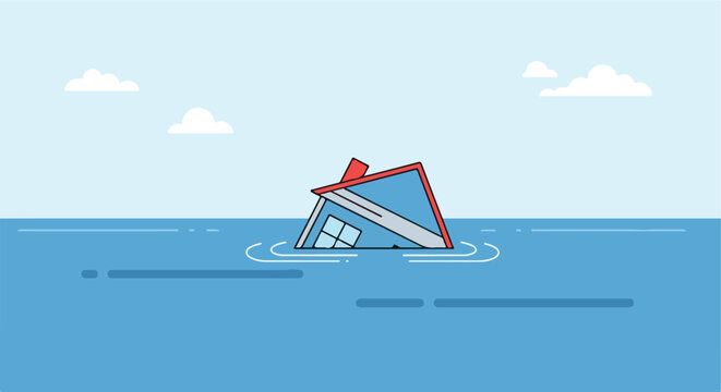 A house is sinking into the ocean, with clouds in the sky