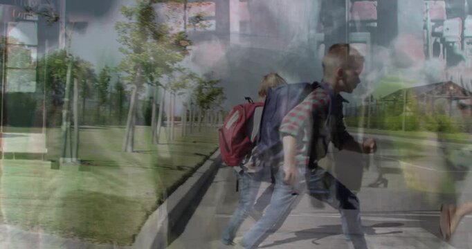 Animation of timelapse with walking people over caucasian boys running through zebra crossing