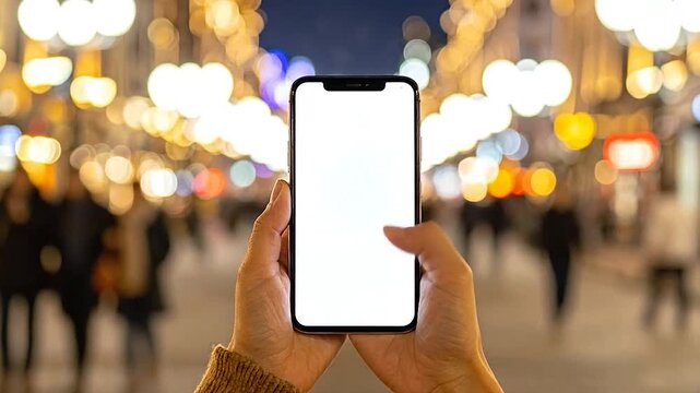 Hands holding a modern mobile phone with a customizable screen on a blurred