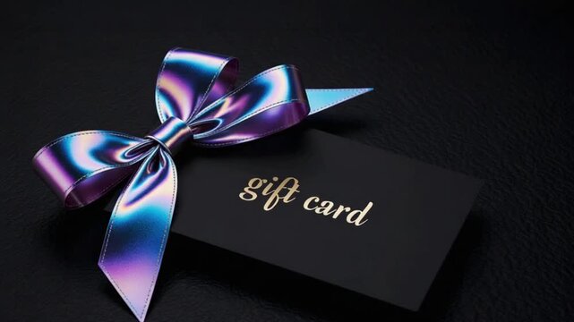 Luxurious black gift card with iridescent holographic ribbon for special occasions