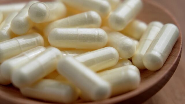 Dietary supplement capsules in wooden spoon. Yellow gelatin pills with powdered nutrition. Pharmaceutical healthcare tablets