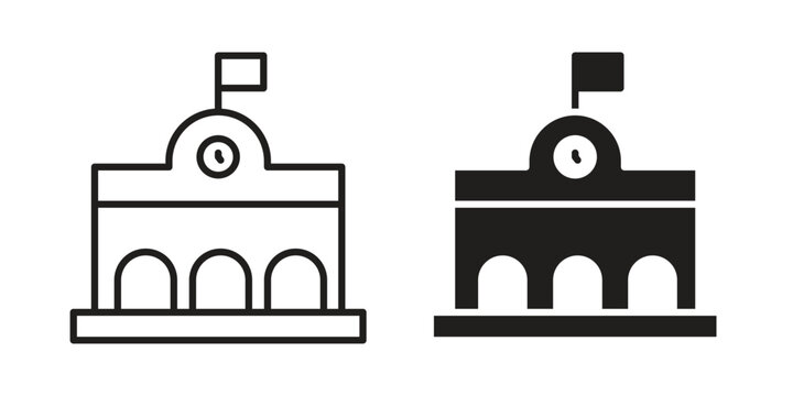 Train station building icon set. outlined and solid flat clipart versions.