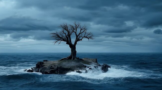 Desolate bare tree on small rocky island in a stormy dark ocean under an overcast sky