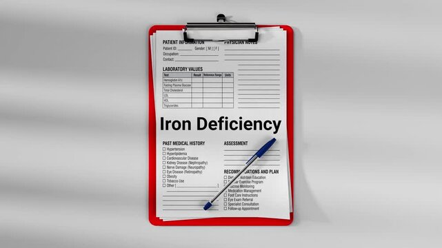 Medical clipboard with patient clinical form showing iron deficiency diagnosis and laboratory values. Healthcare documentation concept with physician notes and medical examination record.