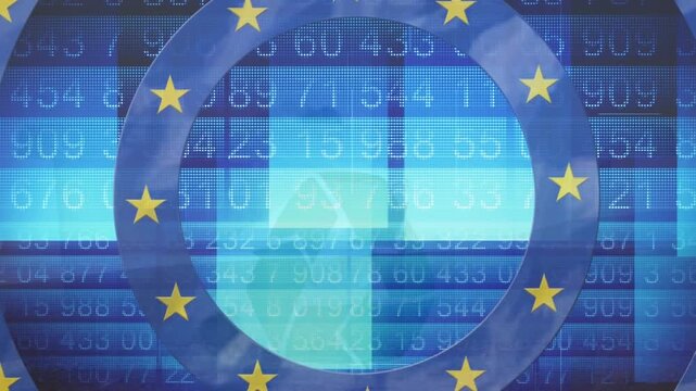 Animation of data processing over eu flag and recycling sign