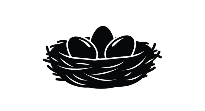 A black bird s nest with eggs depicted in striking silhouette