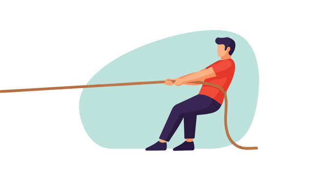 Person in red shirt pulling a thick rope with all their might