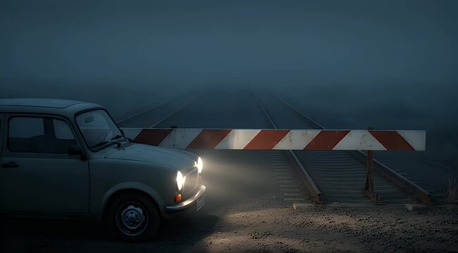Vintage car halted at foggy rail crossing, barrier down, headlights pierce night gloom