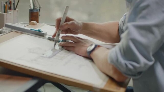 Architect works with blueprints. Papers and drawings on the desk in front of the engineer. Professional Architect holding pencil working with laptop and blueprints for architectural plan.