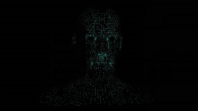 Animation of human green digital head spinning on black background