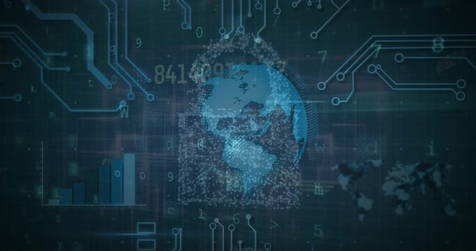 Animation of texts, numbers, graph, dots forming padlock, rotating globe, circuit board pattern