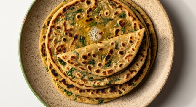 Stack of freshly made Indian Methi Paratha, fenugreek flatbreads with melted butter on a rustic plate